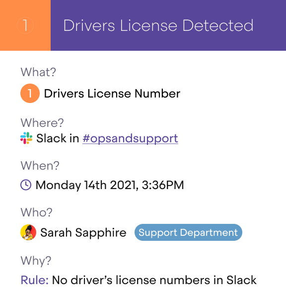 Close-up of drivers license detected within Slack