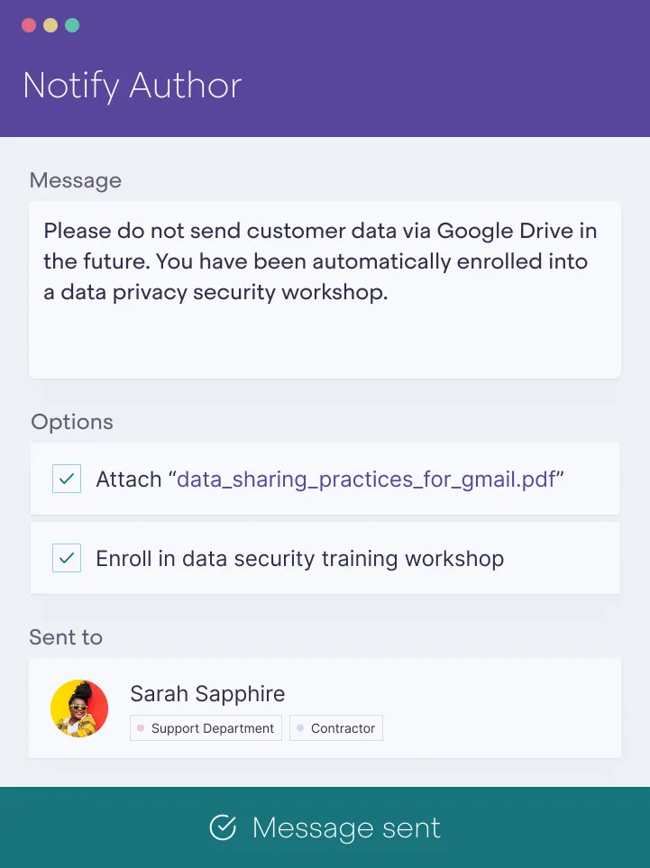 Screenshot of Metomic platform, showing how to set up employee notifications